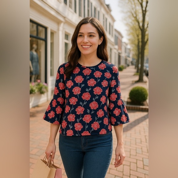 Banana Republic Tops - Banana Republic Floral Blouse Women XS Navy Red Romantic Bell Sleeve